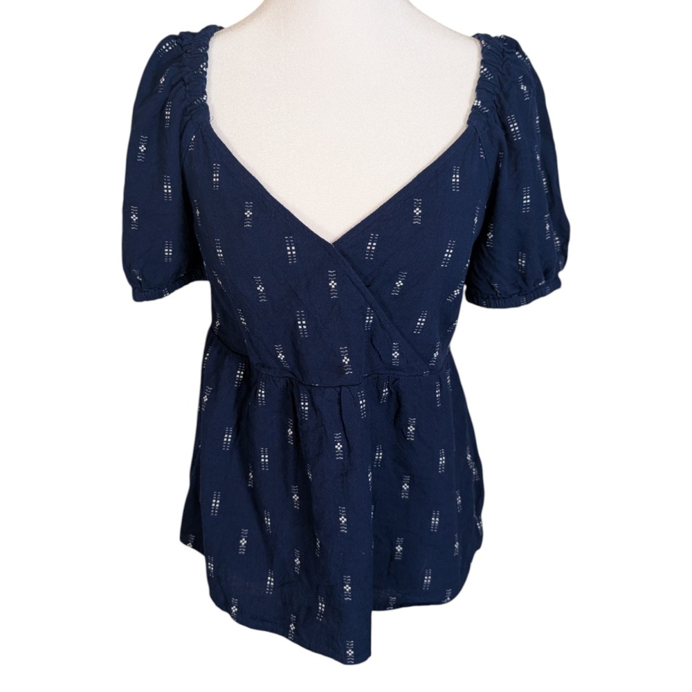 Madewell‎ Navy Blue Dobby Dot Wrap Puff Sleeve Smocked Peplum Top XS 100% Cotton